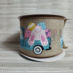 Wired Ribbon 2.5" x 20' Easter Blue Truck Eggs Bunny Tail Sticking out Back